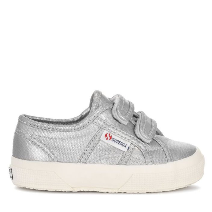 Superga Sale 2750 Kids Straps Metallic Canvas Grey Silver Matt-F Avorio