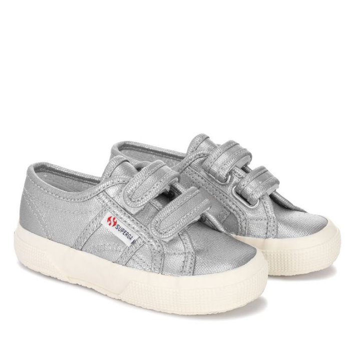 Superga Sale 2750 Kids Straps Metallic Canvas Grey Silver Matt-F Avorio
