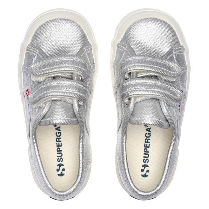 Superga Sale 2750 Kids Straps Metallic Canvas Grey Silver Matt-F Avorio